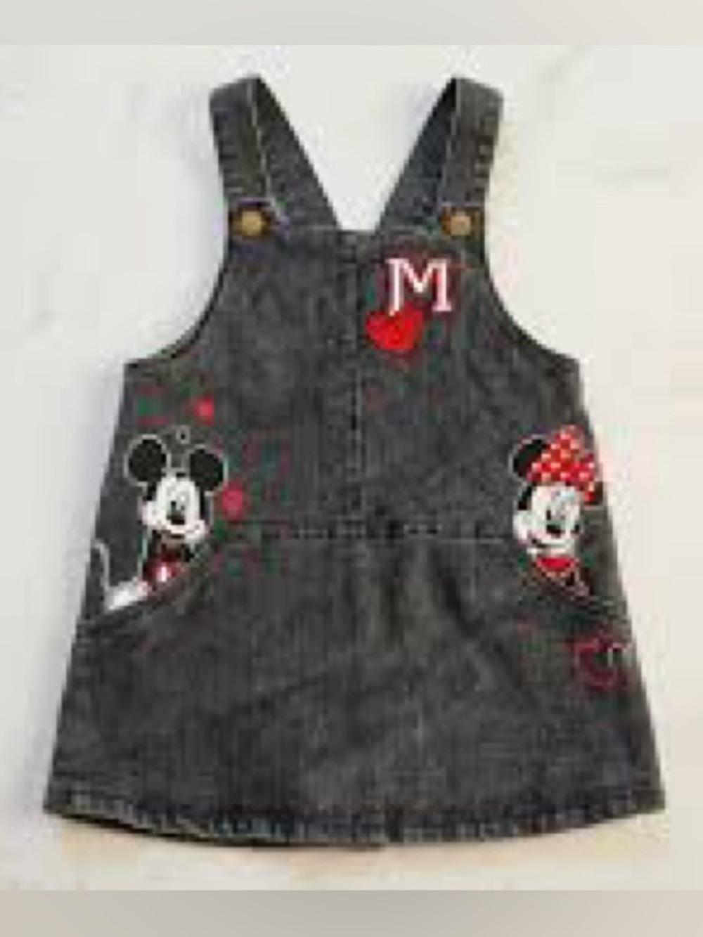 Disney Mickey & Minnie Denim Jumper Overall Dress Grey with Red Accents Size 6